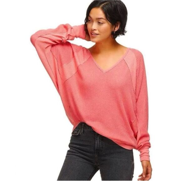 Free People Santa Clara Thermal Oversized Shirt Coral Pink Orange Medium - Picture 6 of 14